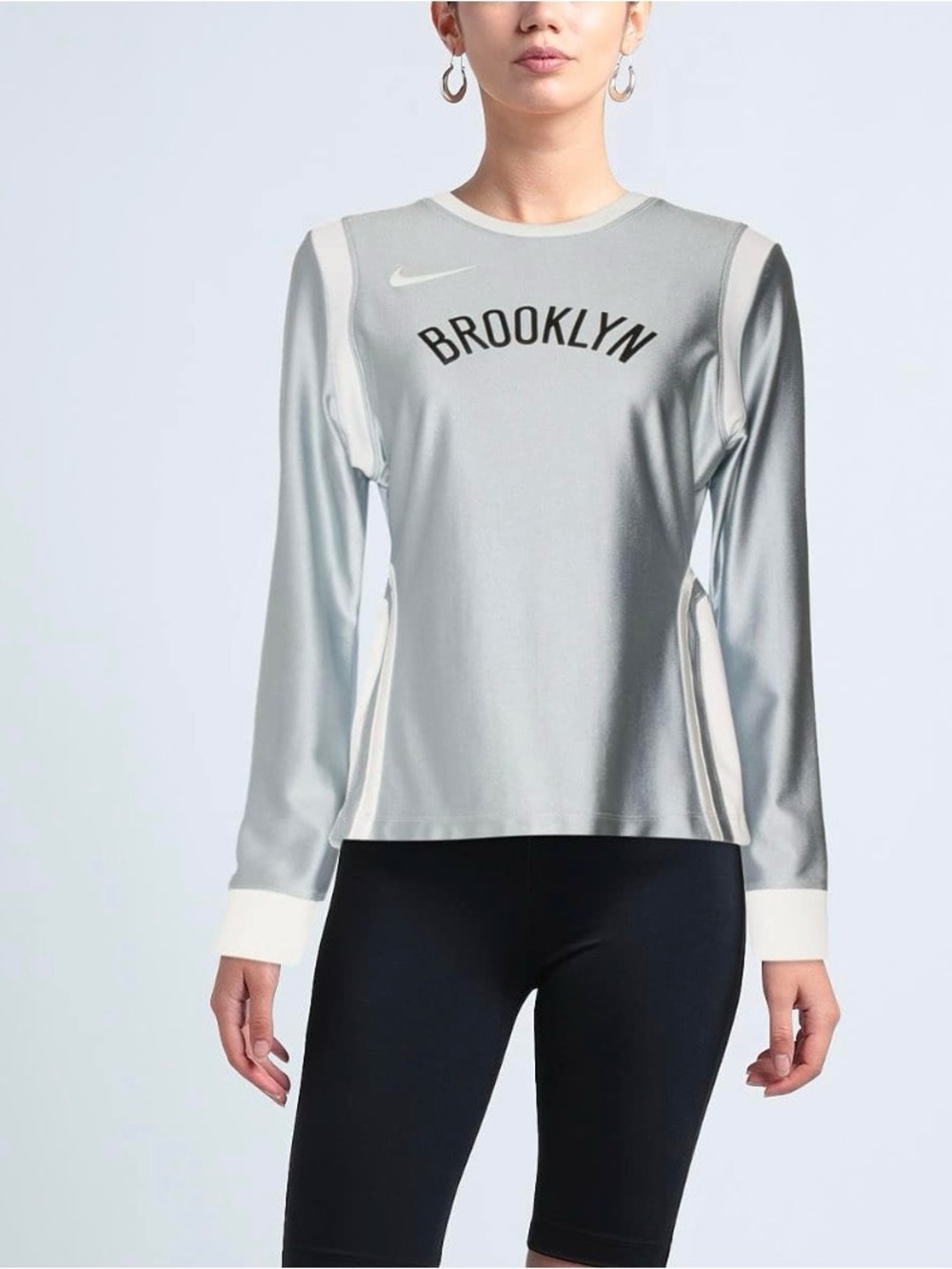 Nike Silver and White 'Brooklyn' Long Sleeve Athletic Top XL - Picture 2 of 8